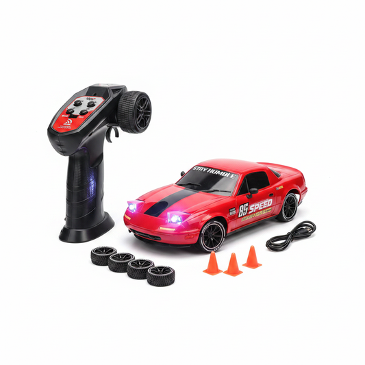 Red Mustang Style RC Car with accessories on white background