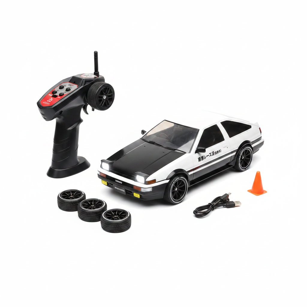 Toyota AE86 Trueno Style Drift RC Car with accessories on white background