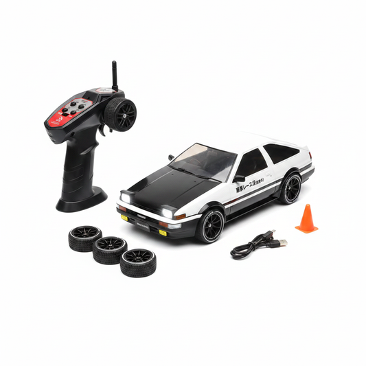 Toyota AE86 Trueno Style Drift RC Car with accessories on white background