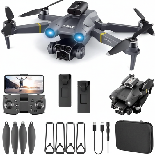 M3 Max Foldable Drone with HD Camera and accessories on white background