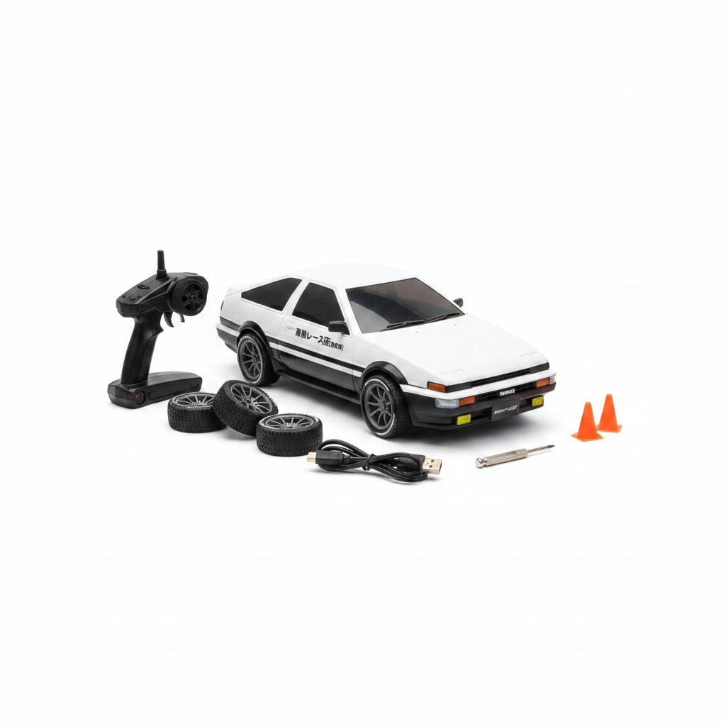 White Toyota AE86 Style RC Car with accessories on white background