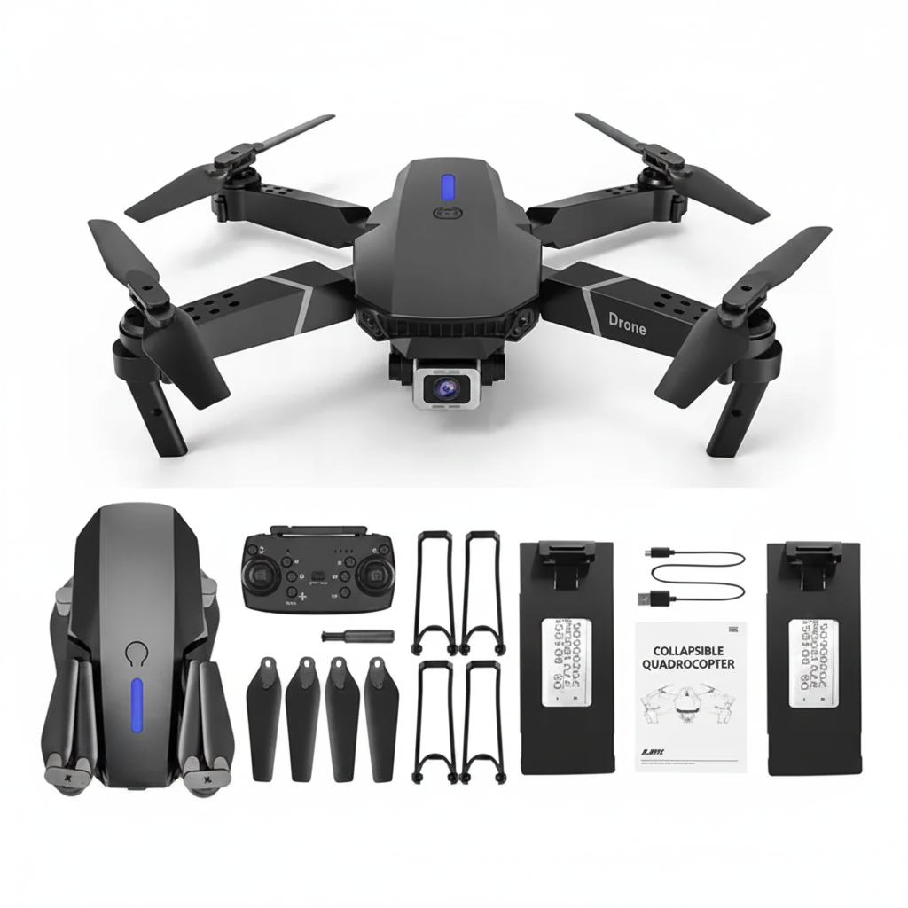 E88 Pro Foldable Drone with HD Camera and accessories on white background