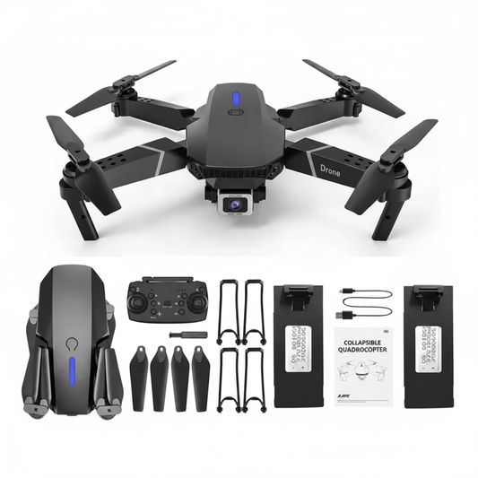 E88 Pro Foldable Drone with HD Camera and accessories on white background